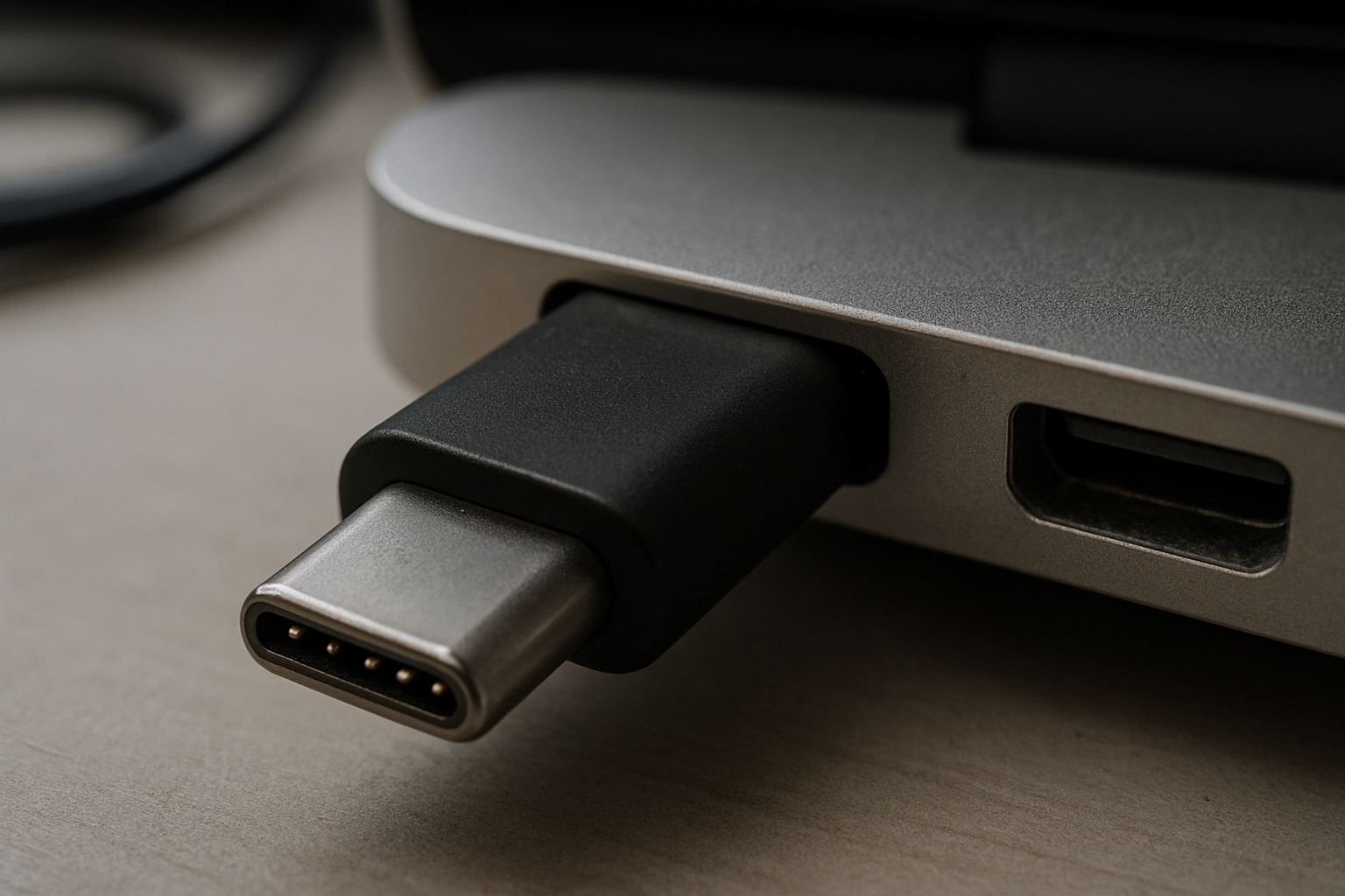 Макродеталь USB-C разъёма, вставленного в порт ноутбука
